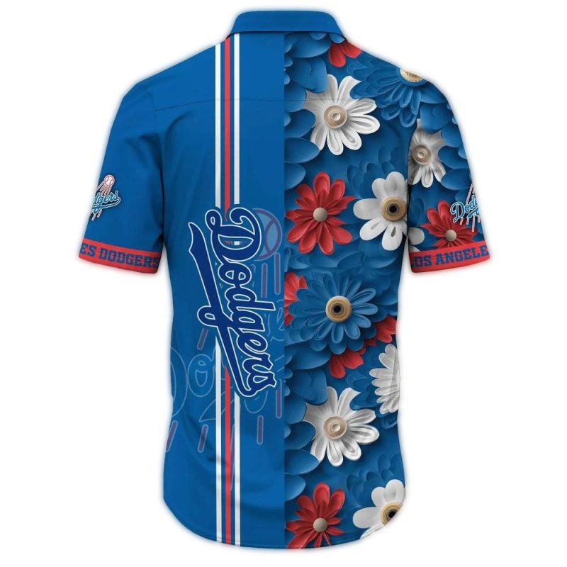 Los Angeles Dodgers Tropical Hawaiian Shirt with Floral Heart Design - Image 3