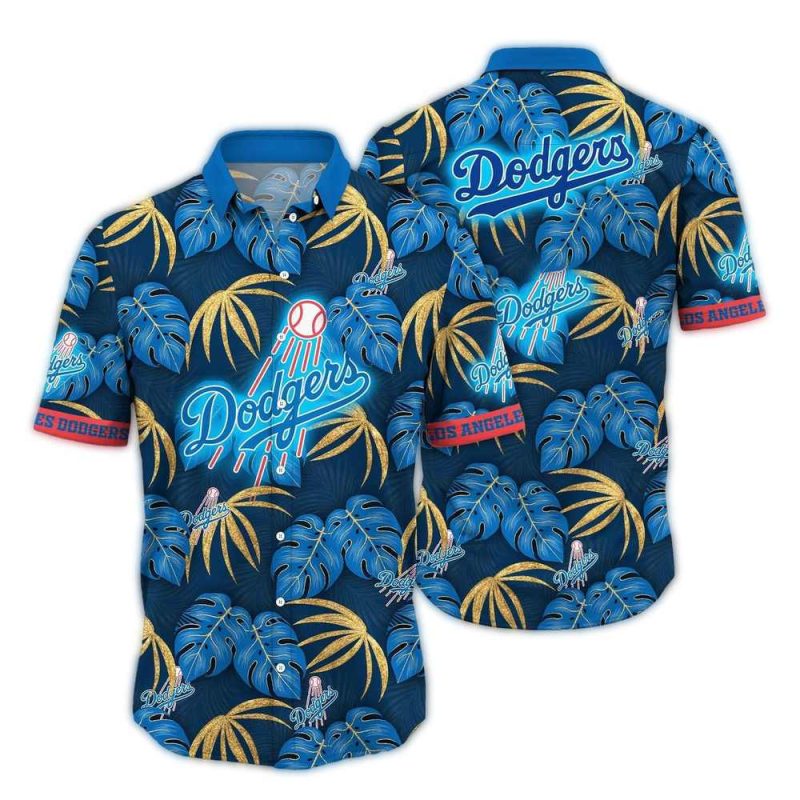 Los Angeles Dodgers Tropical Hawaiian Shirt with Leaf Pattern - Image 3