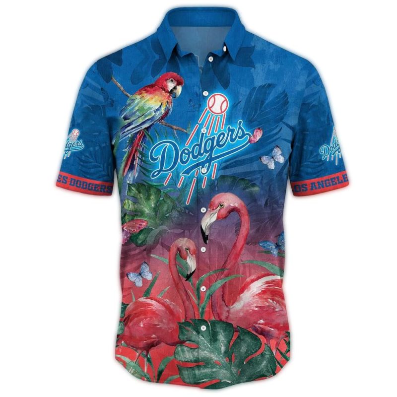 Los Angeles Dodgers Tropical Hawaiian Shirt with Parrot and Flamingo Design - Image 2