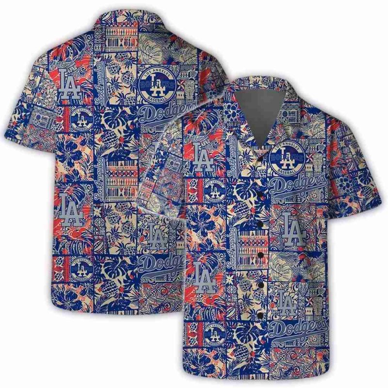 Los Angeles Dodgers Retro Hawaiian Shirt with Patchwork Design - Image 3
