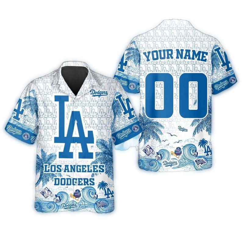 Custom Los Angeles Dodgers Wave Palms Hawaiian Shirt with Name & Number - Image 3