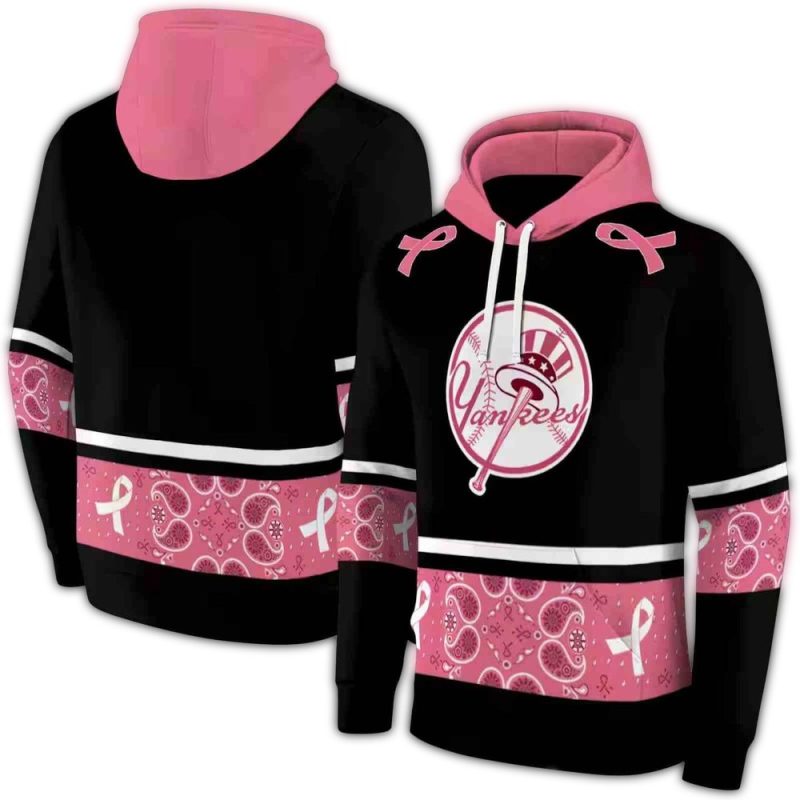 New York Yankees Black And Pink Awareness Ribbon Hoodie For Fans - Image 2