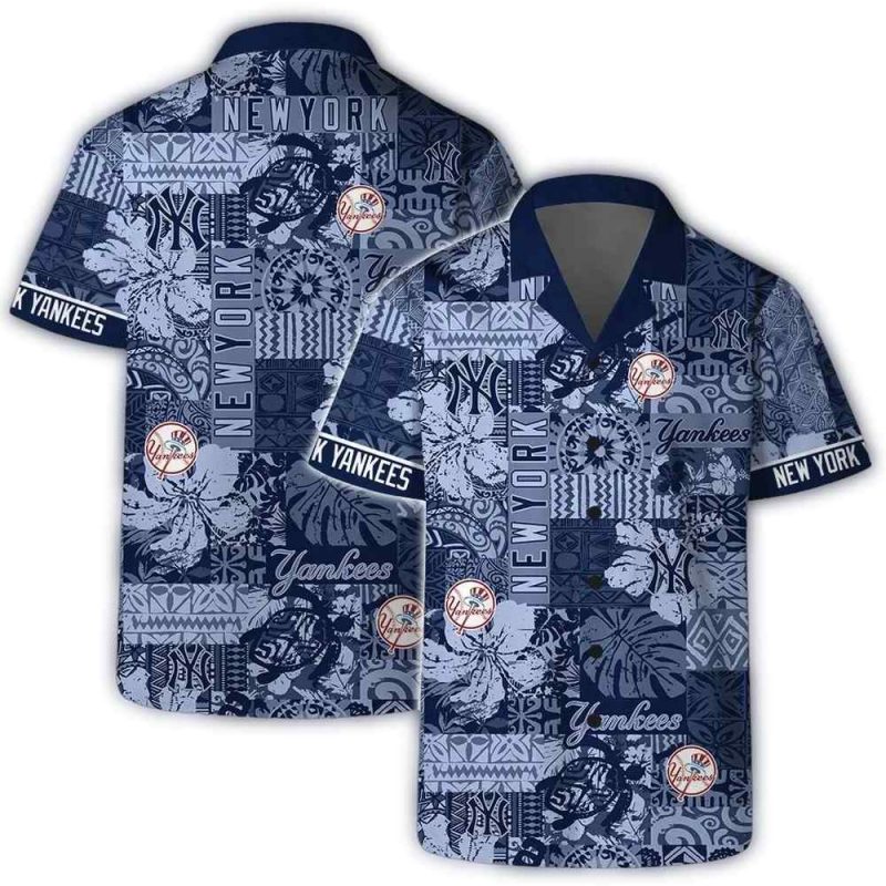 New York Yankees Blue Mosaic Print Hawaiian Shirt For Men - Image 3