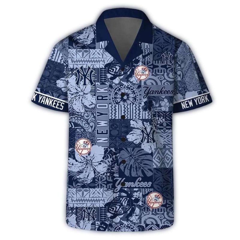New York Yankees Blue Mosaic Print Hawaiian Shirt For Men - Image 2
