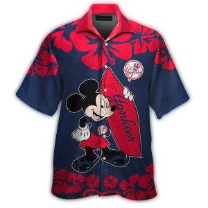 Mickey Mouse Surfing Hawaiian Shirt With New York Yankees Floral Design