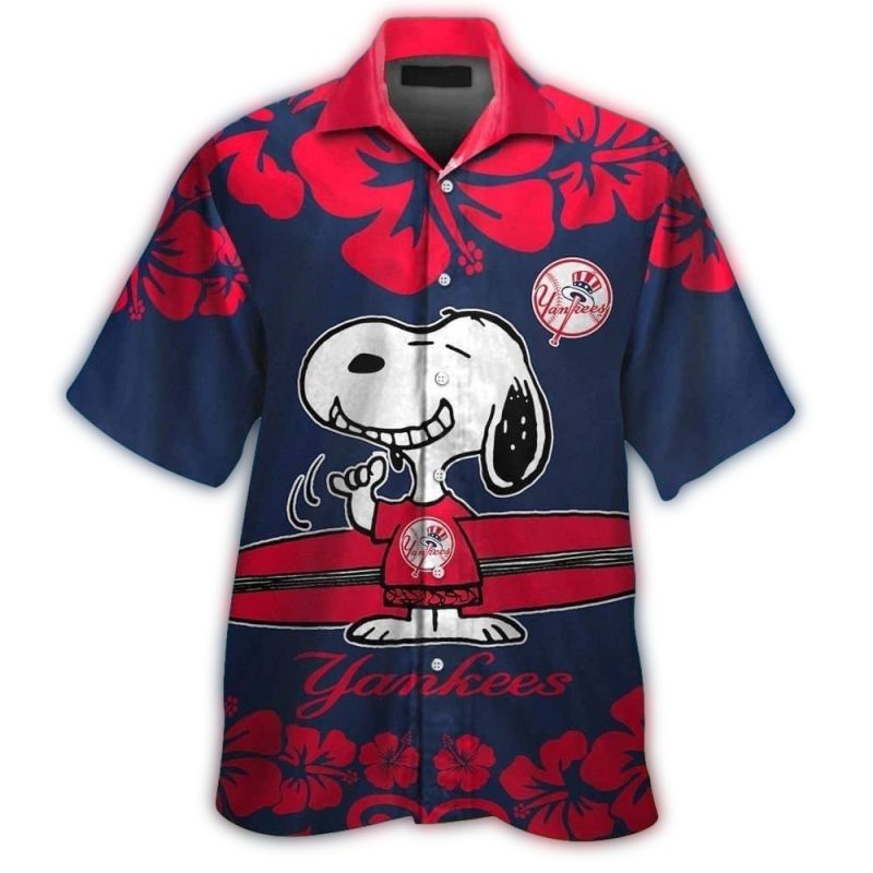 new york yankees snoopy short sleeve button up tropical hawaiian shirt 1892 pegj3