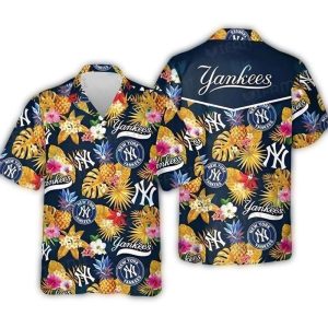 New York Yankees Tropical Hawaiian Shirt With Floral And Pineapple Design