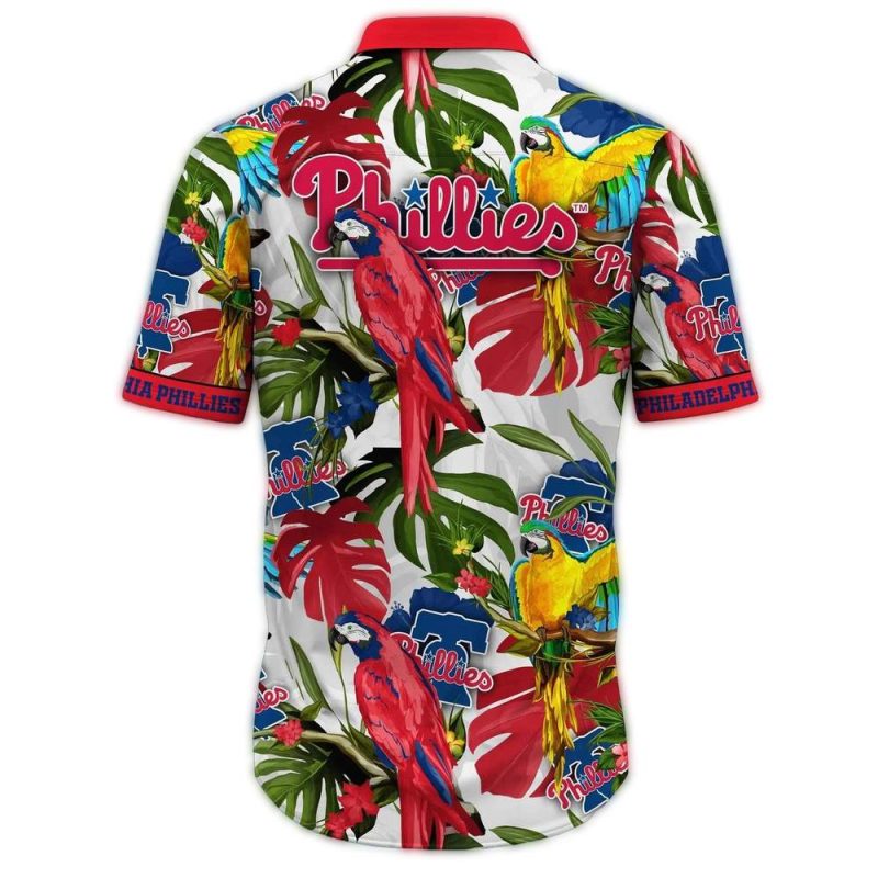 Philadelphia Phillies Hawaiian Shirt with Parrot Leaf Pattern - Image 2
