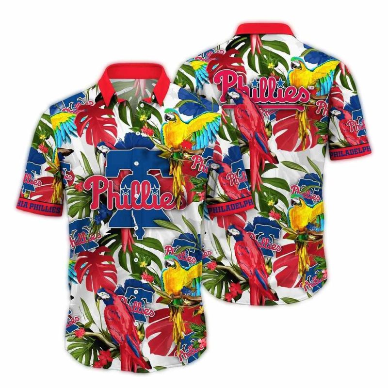 Philadelphia Phillies Hawaiian Shirt with Parrot Leaf Pattern - Image 3