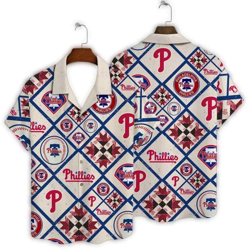 Philadelphia Phillies Hawaiian Shirt with Quilt Patch Design - Image 3